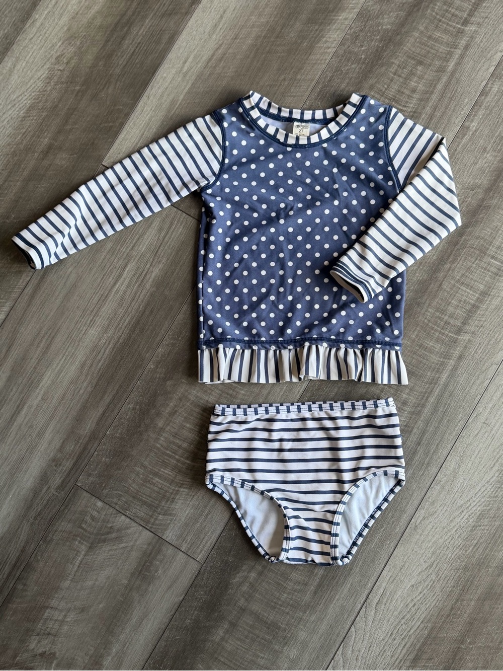 RuffleButts Girls 2T Navy White Polka Dot Striped Ruffle Swimsuit Rash Guard